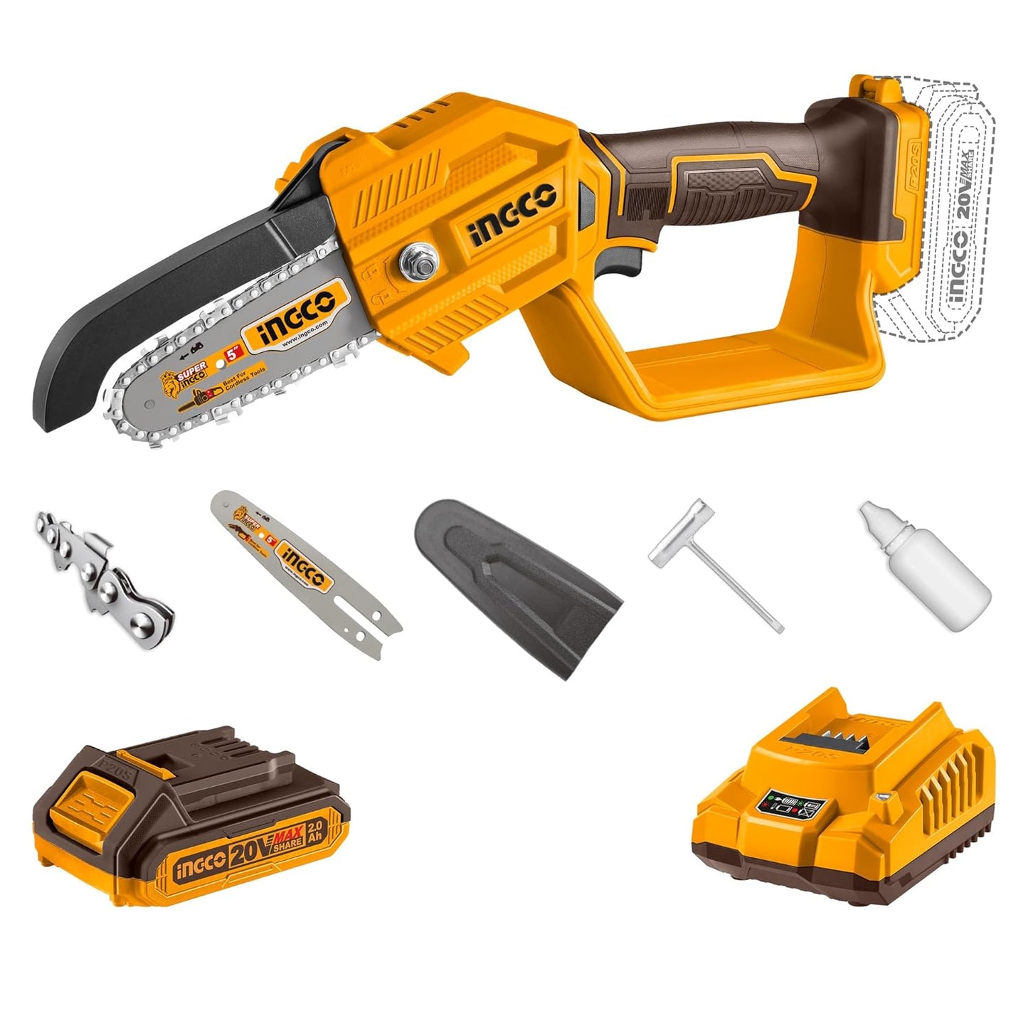 INGCO 20V Cordless Pruner Saw, Electric Mini Chain Saws, 5 m/s, With 1Pcs 2.0Ah Battery And Charger, With Saw Chain & 13mm Saw Bar