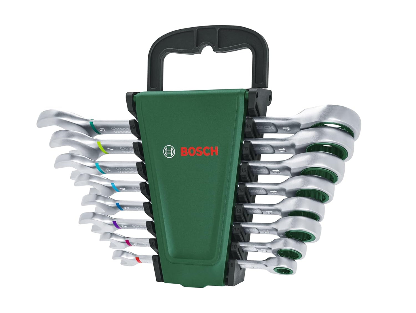 Bosch Ratchet Combination Wrench 8-Piece Set - Chrome Vanadium Steel, 72 Teeth, 5-Degree Working Angle, Rust Resistant & Comes with Compact Storage Case (Sizes: 8mm to 19mm)