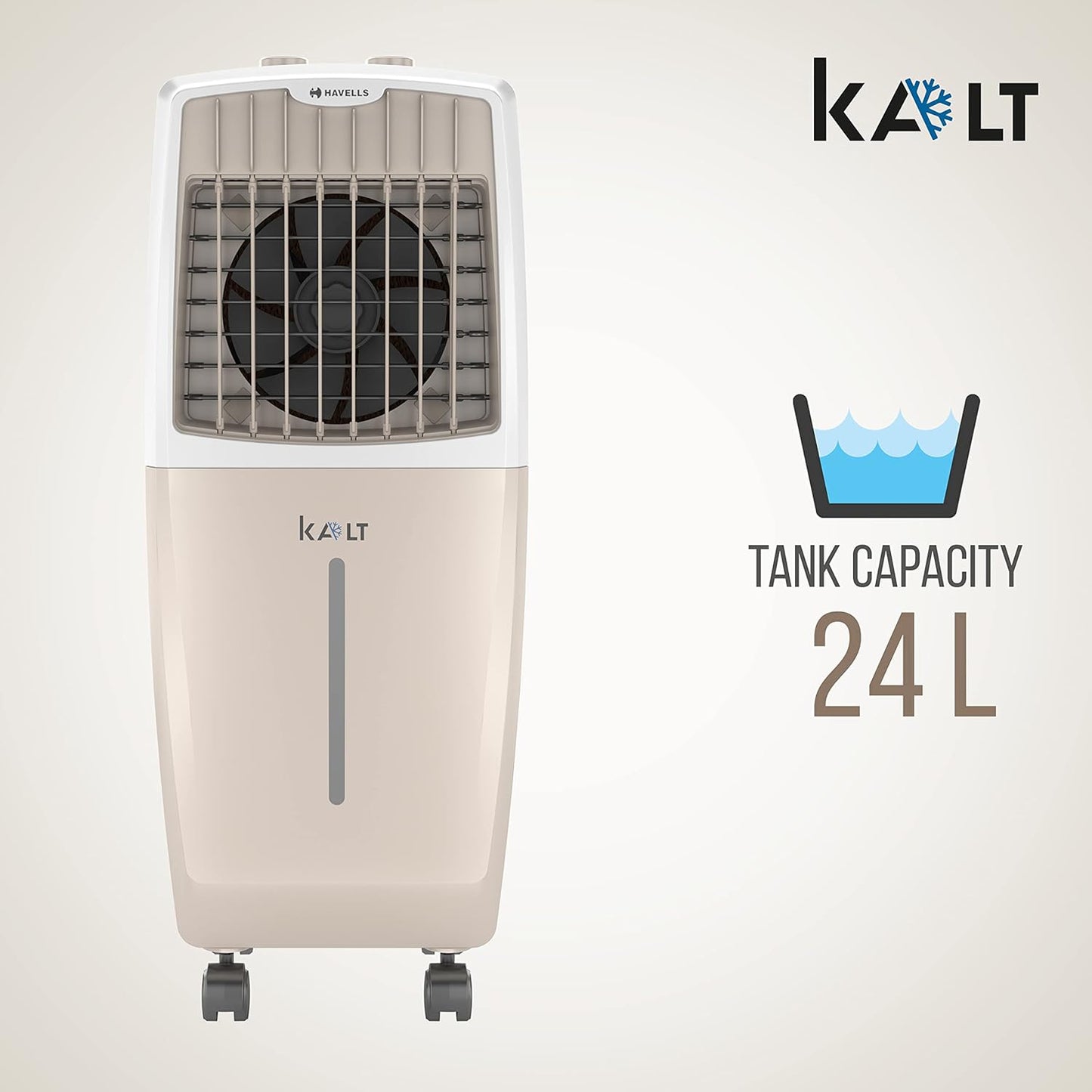 Havells Kalt 24L Personal Air Cooler for home | Powerful Air Delivery | Low Noise, Knob Panel | Everlast Pump | 4 Way Air Deflection | High Density Honeycomb Pads | Heavy Duty (White/Champagne Gold)