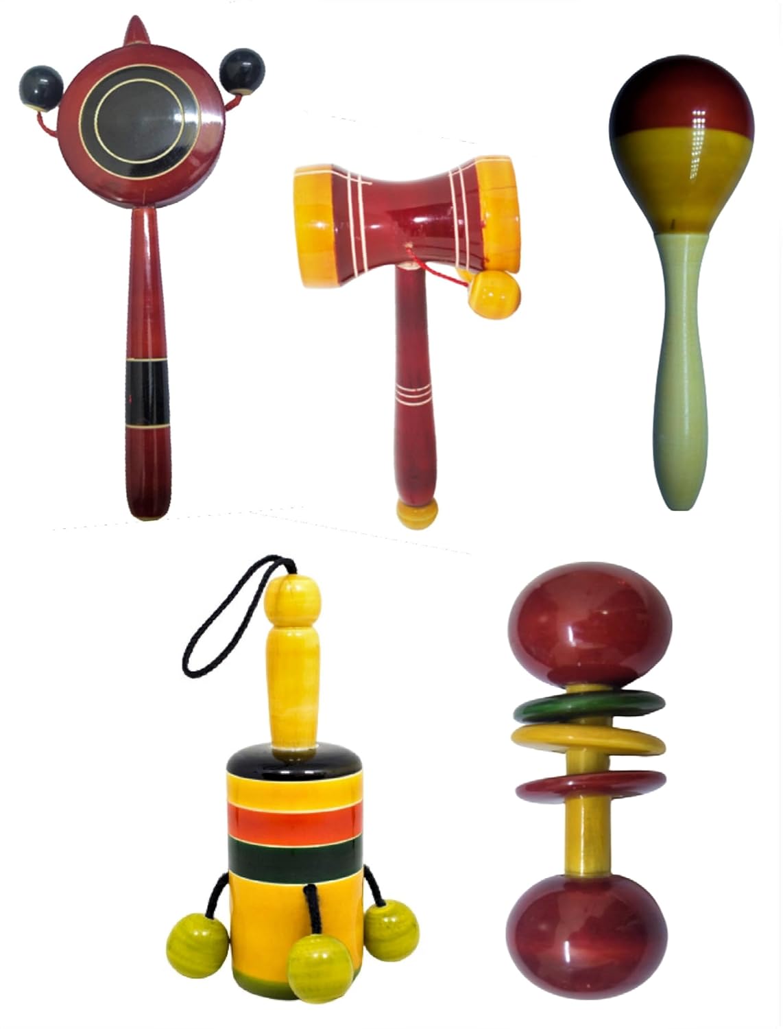 Udaipur HandiCrafts Wooden Baby Rattles Combo Pack Set of 6, Non Toxic Channa Patna Toys - Baby Musical Toys, Teether, Natural Colors, Loud Sound for New Born, Baby, Infants.