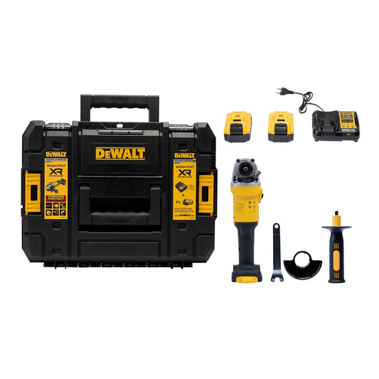 DEWALT DCG407P2T-B1 18V(20V MAX) 100mm (4") Cordless Brushless Slide Angle Grinder Kit with (2) 5.0 Ah Li-ion Batteries & 1 Charger, 9000 RPM No Load Speed, SIDE HANDLE INCLUDED