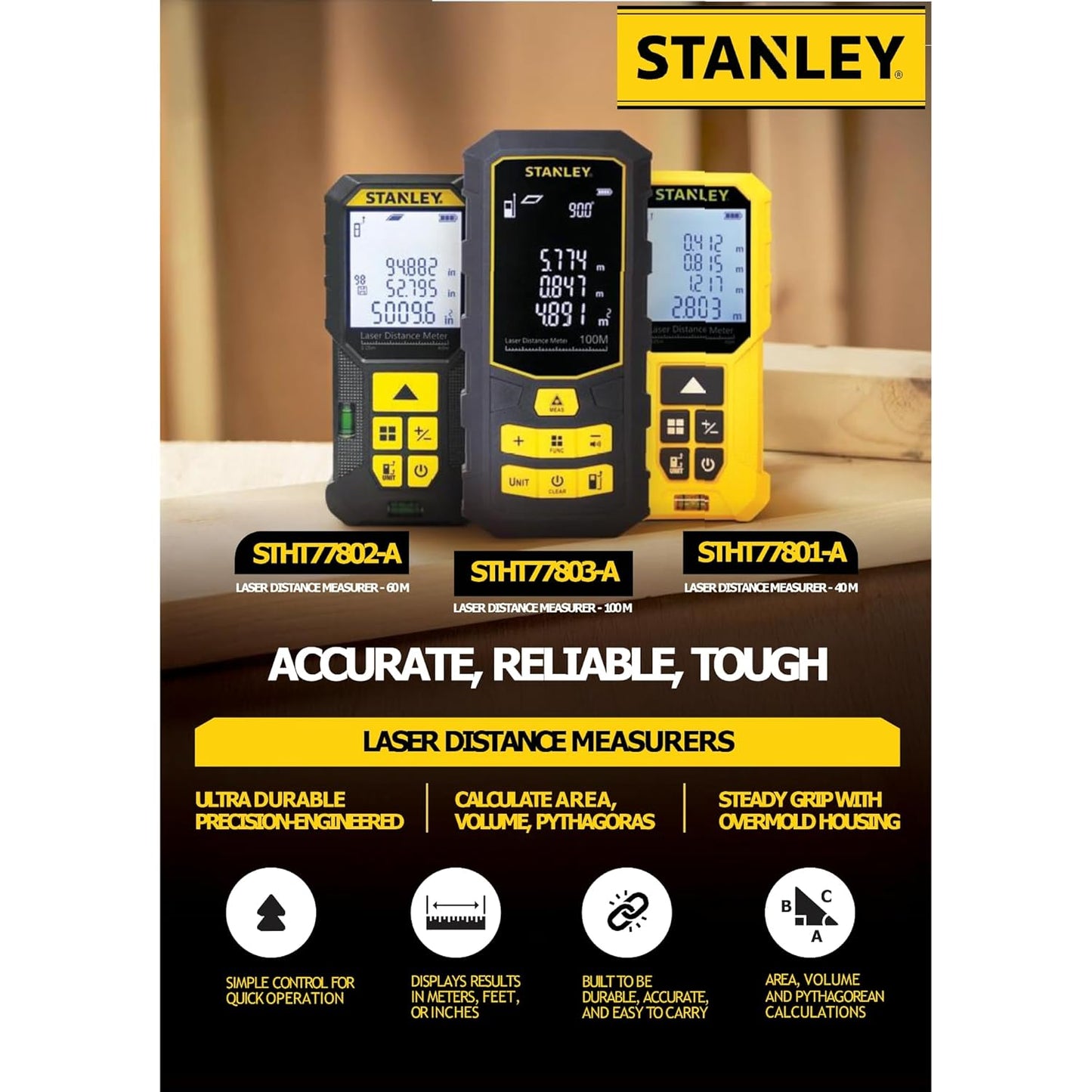 STANLEY STHT77803-A Professional Black Laser Distance Meter - 100 M, ±2.0mm Accuracy, Comes with 3 * 1.5V AAA Batteries, IP40 Dust & Water-Splash Rating, Ideal for Area & Volume Measurement