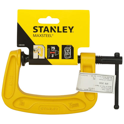 STANLEY 0-83-033 Max Steel C-Clamp-75mm Oversized ''T'' Handle for Extra Torque, Roll-Framed Threads for Smooth Operation, Ideal For Carpentry & Welding, Iron & Steel Build, (Yellow & Black)