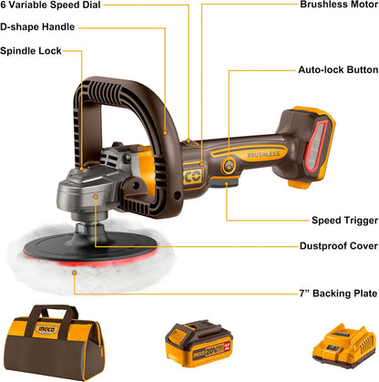INGCO Cordless Rotary Polisher Car Polisher 180mm M14 Brushless 3IN1 Polisher Buffer and Sander with 4.0Ah Battery and Charger for Car Detailing Polish Buffing Sanding DIY APLI20181