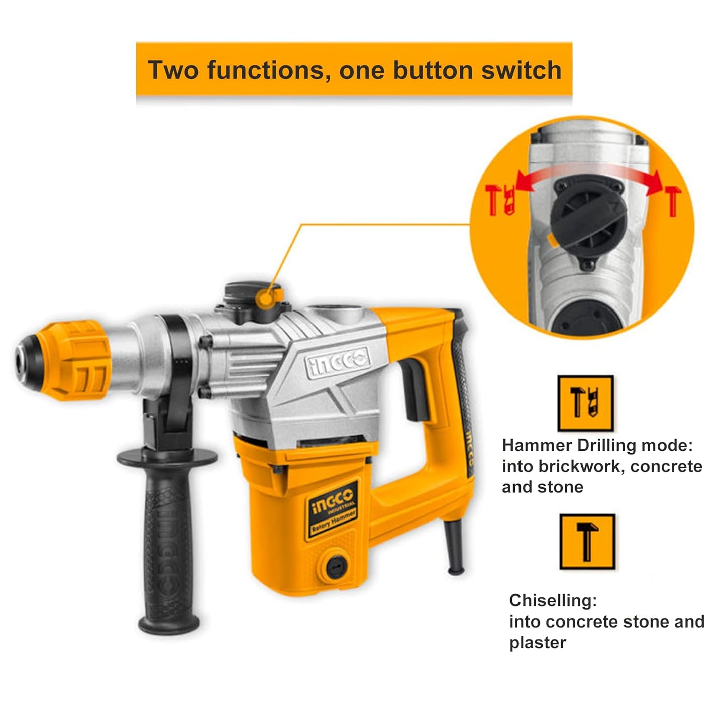 INGCO 1050W Corded Rotary Hammer 950RPM, 28mm in Concrete, 5J, SDS Plus Chuck System, 3 Functions, Electric Rotary Hammer Drill, Packed by Carrying Case