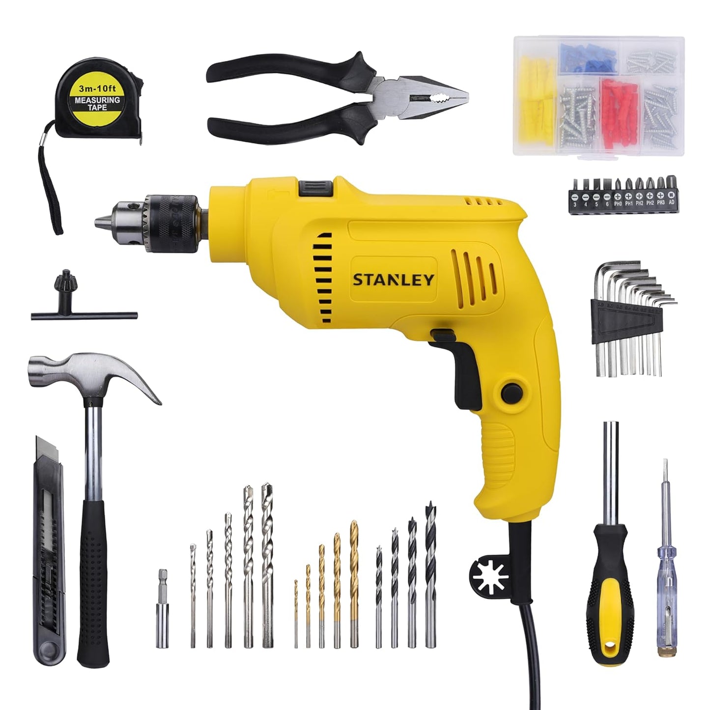 STANLEY SDH550KP-IN 550W 10mm CORDED HAMMER DRILL MACHINE & HAND TOOL KIT for Home, DIY & Professional Use (120-PIECES) - INCLUDES Hammer Drill,Plier,Hammer,Measuring Tape & Drill Bits,1Year Warranty