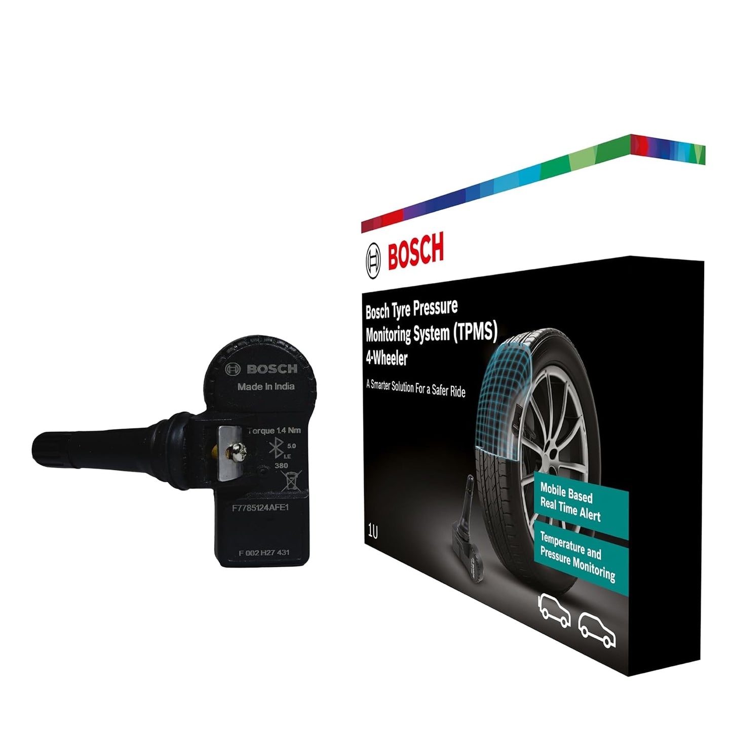 Bosch Tyre Pressure Monitoring System (TPMS) for Cars with tubeless Tyres | Pack of 4 sensors | Real-Time Tracking & Alerts via Mobile App | 5-Year Warranty