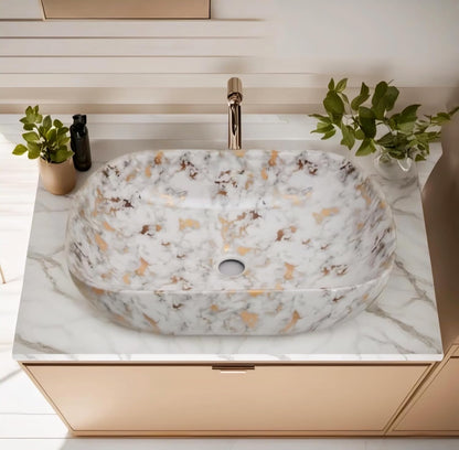 UdrCrafts® Ceramic TABLE TOP WASH BASIN, Luxury Marble Pattern Vessel Sink, Rectangular Bathroom Wash Basin, White and Gold, Premium Wash Basin Countertop, Tabletop Ceramic Bathroom Sink/Basin
