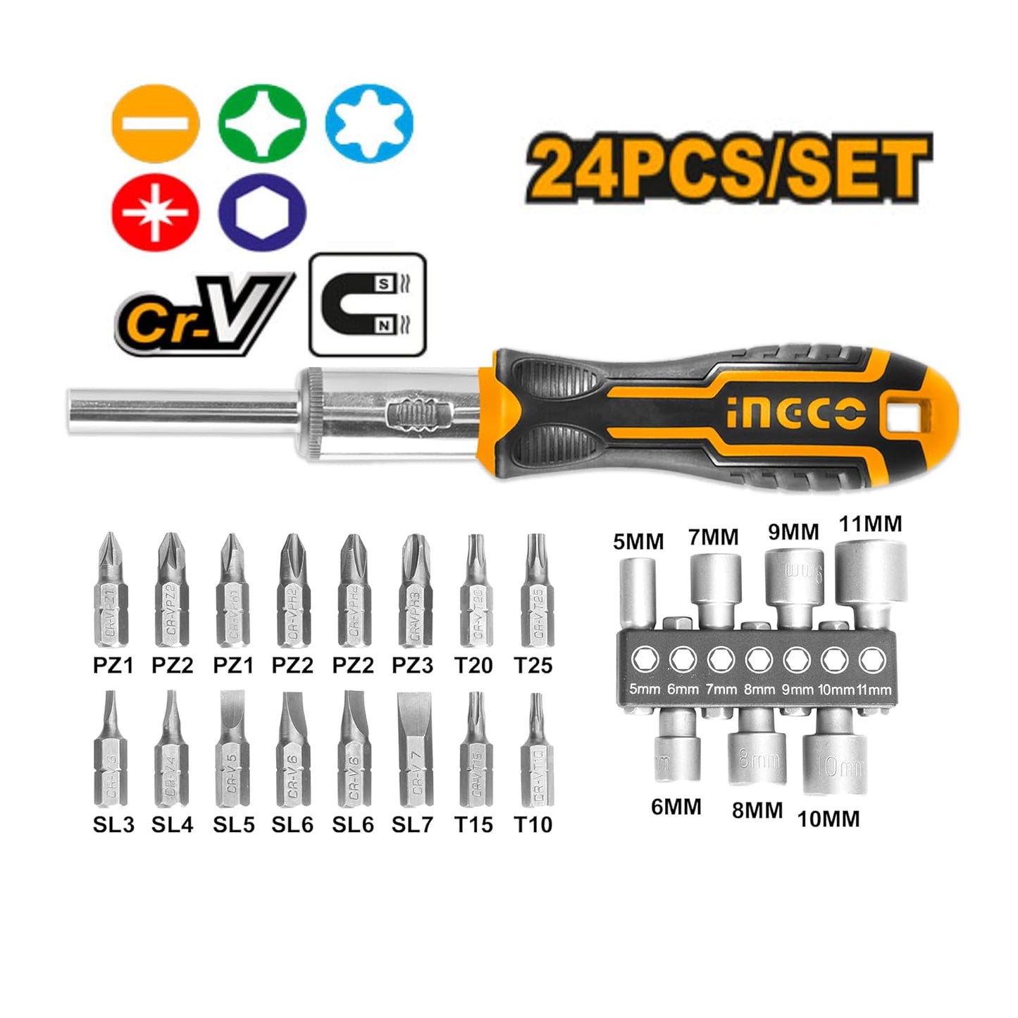 INGCO 24 IN 1 Ratchet Screwdriver Set, INGCO Style Ratchet Handle, 16 Pcs Screwdriver Bits, 7 Pcs 1/4" Power sleeve