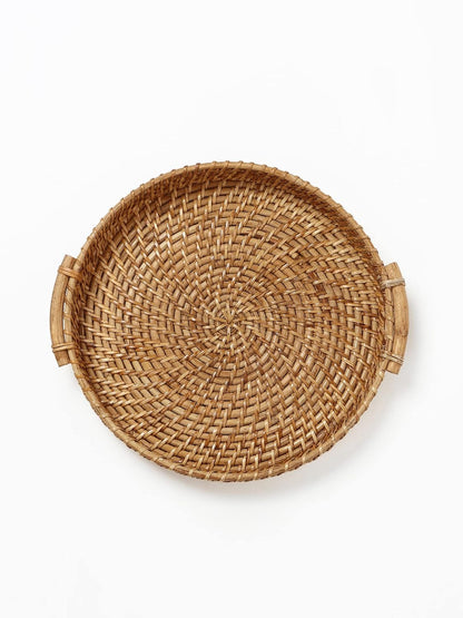 UdrCrafts®  All the Cultures Fabricating India Bamboo Cane Serving Tray | Serveware for Dining Table | Rattan Tea Tray | Wooden Trays for Decoration - Round, Brown (Dia-31 x H8 cm)