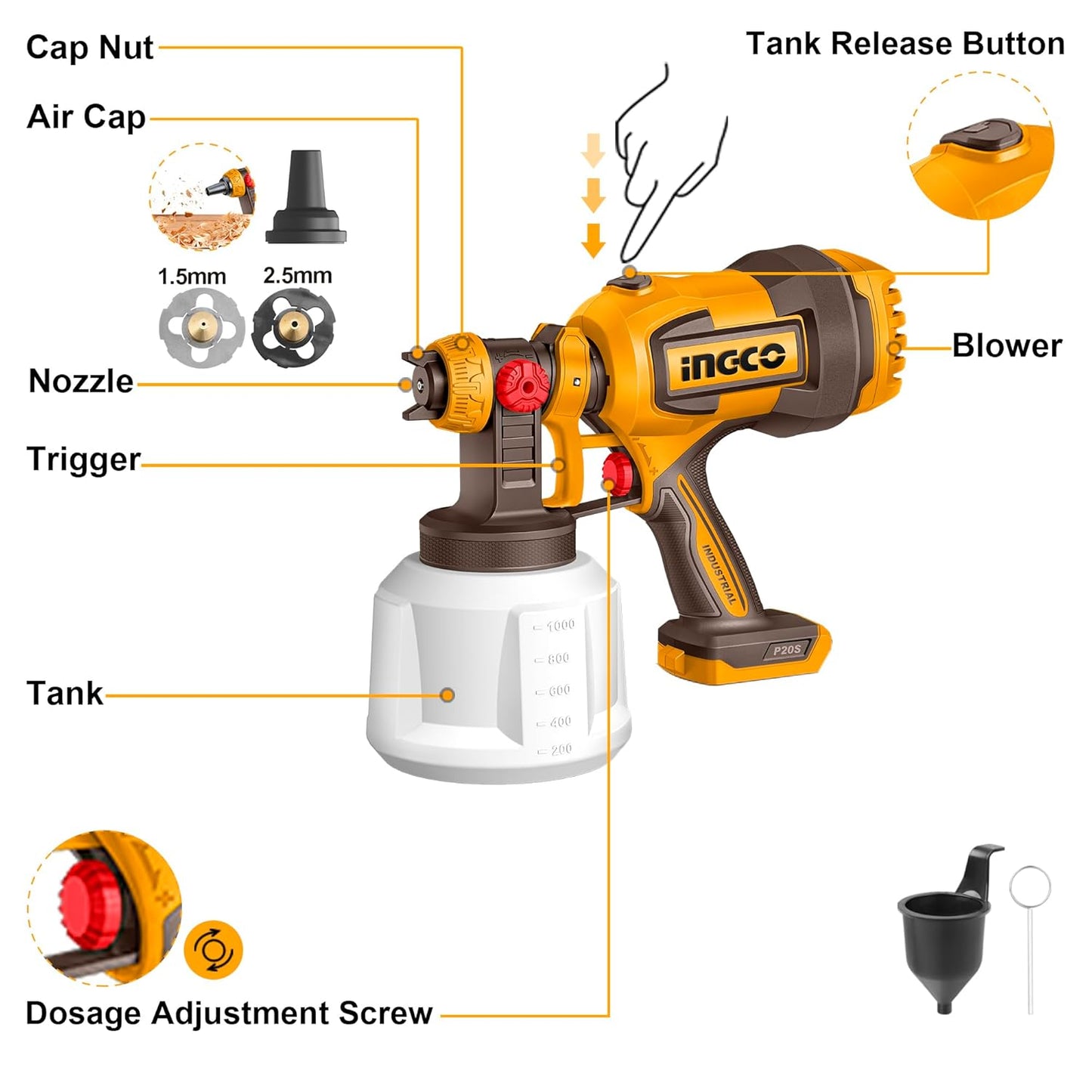 INGCO 20V Cordless Spray Gun 120Din-s, 800ml/ min, Cleaning & Blowing Joints, Electric Fence Paint Gun for Fencing and Decking, with 1Pcs 2.0Ah Battery and 1Pcs Charger CSGLI20042