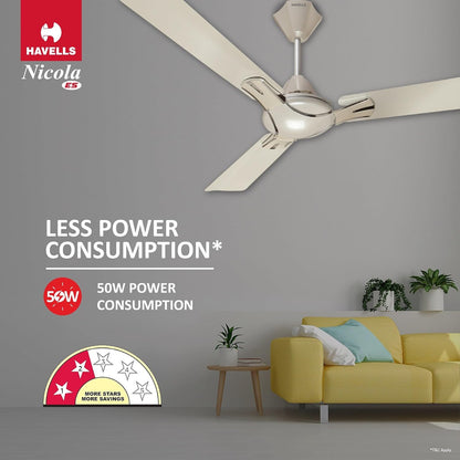 Havells 1200mm Nicola Energy Saving Ceiling Fan (Pearl White Silver, Pack of 1) 2 Star
