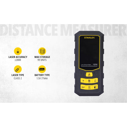 STANLEY STHT77803-A Professional Black Laser Distance Meter - 100 M, ±2.0mm Accuracy, Comes with 3 * 1.5V AAA Batteries, IP40 Dust & Water-Splash Rating, Ideal for Area & Volume Measurement