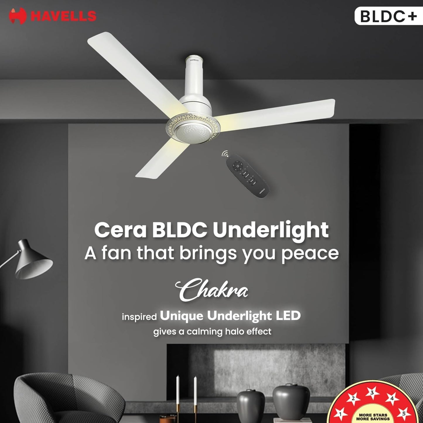 Havells CERA BLDC 1200mm Premium Underlight Ceiling Fan with 100% Pure Copper|Reverse Rotation|Remote Controlled |Watt: 35|Air Flow: 225 cmm|Speed: 350 RPM| 2 Years Manufacturer Warranty (Pearl White)