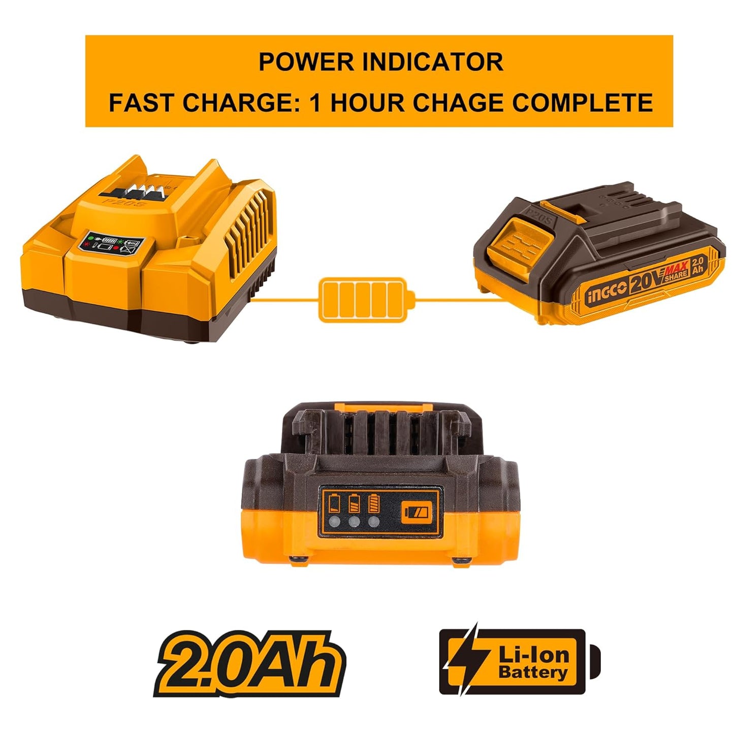 Ingco 20V Battery Pack, 2.0Ah Lithium-Ion Battery, Compatible With 20V Power Tools, LED Battery Power Indicator, Charger Not Included,Multicolour