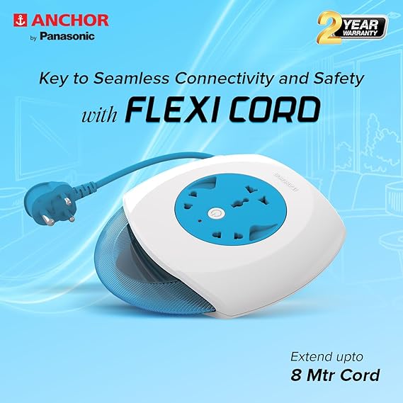 ANCHOR By Panasonic 6A Flexi Cord 3 Pin 4 Mtr Universal Socket With Indicator (Blue & White), Round, 240 Volts