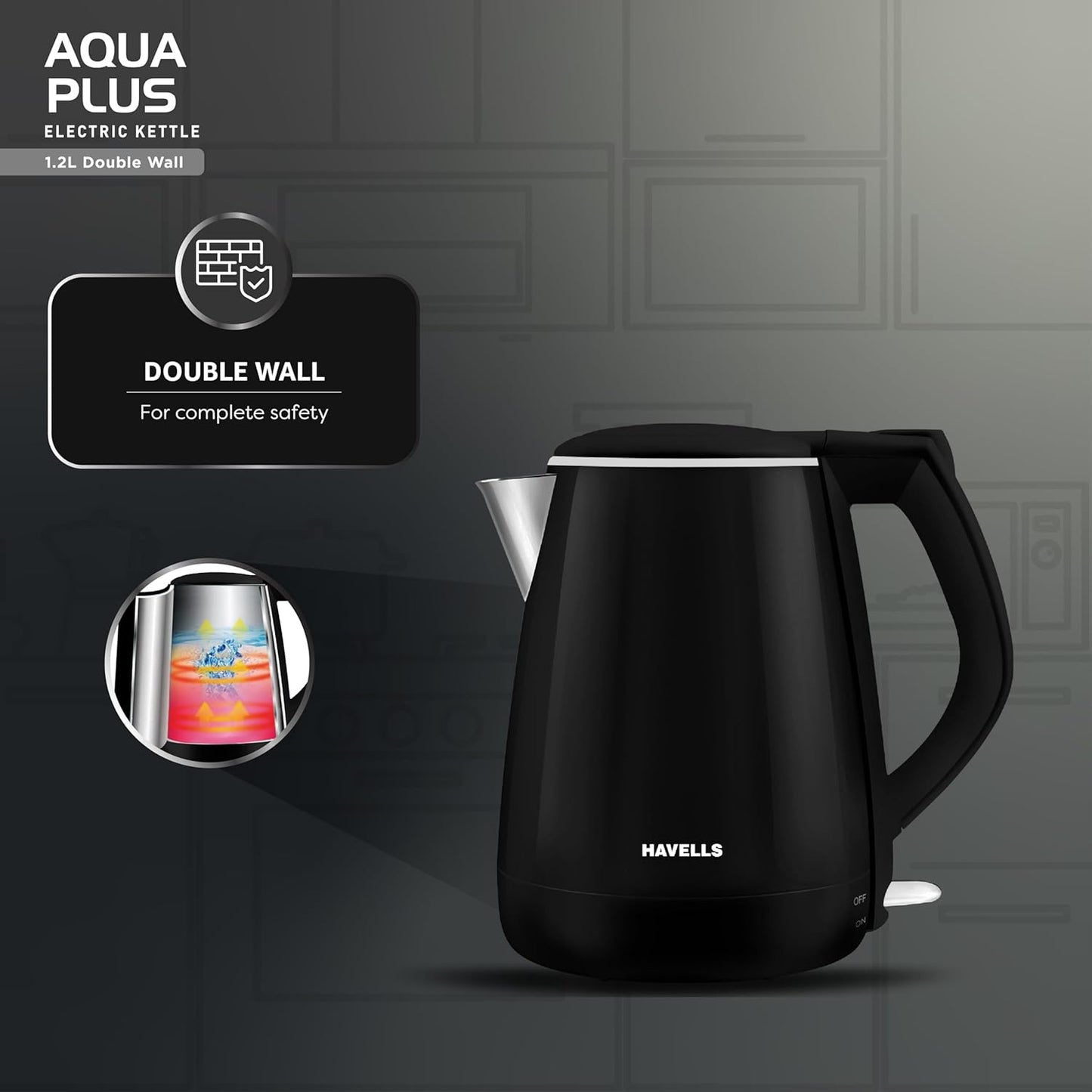 Havells Aqua Plus Electric Kettle 1.2 Litre, 1250 Watt | 304 Stainless Steel Inner Body | Cool Touch Body | Auto Shut-Off |Wider Mouth|2 Years Door Step Warranty by Havells (Black)
