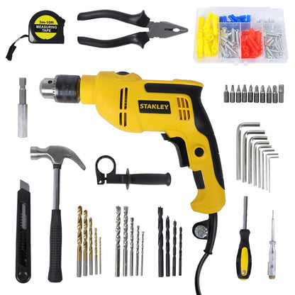 STANLEY SDH550KPA-IN 550W 13mm CORDED HAMMER DRILL MACHINE & HAND TOOL KIT for Home, DIY & Professional Use (120-PIECES) - INCLUDES Hammer Drill,Plier,Hammer,Measuring Tape & Drill Bits,1YearWarranty