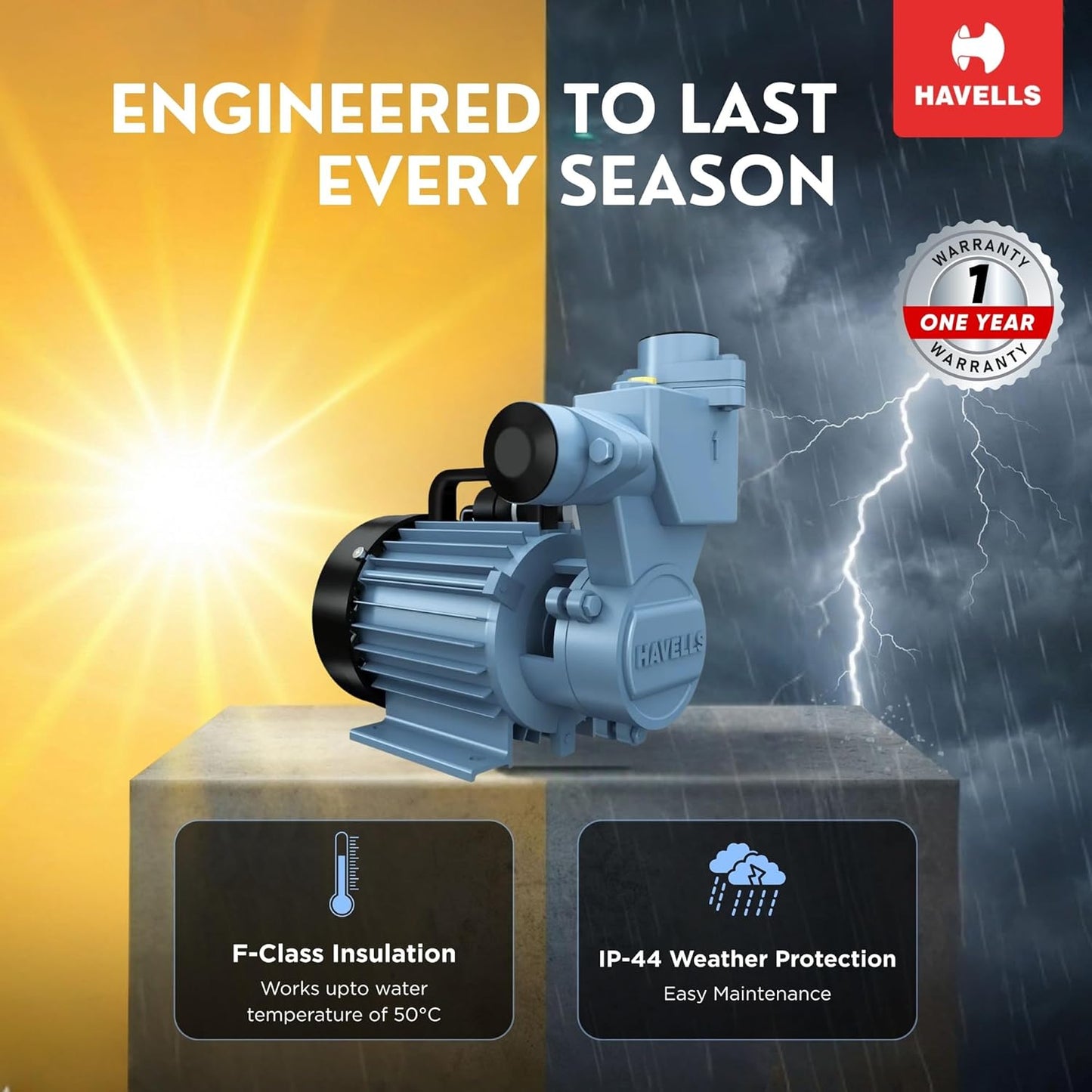 Havells Monoblock Water Motor Pump MP1 I1hp water pump | Copper Winding, High Flow Rate, 180-260 V Range | Overheat Protection, Durable, Rust Resistant | For Home, Apartment | 1 Yr Warranty.