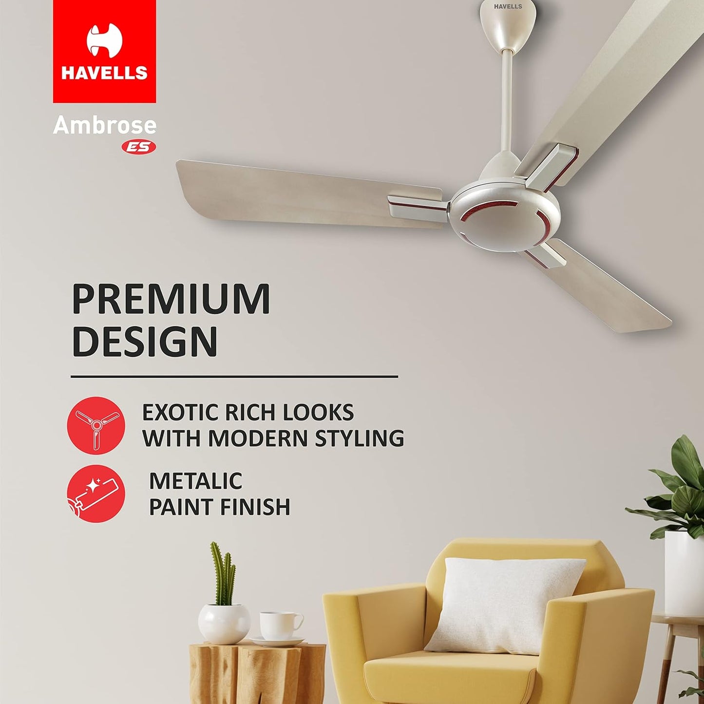 Havells 1200mm Ambrose Energy Saving High Speed Ceiling Fan|Premium Finish, Deco.Fan, Elegant Looks, High Air Delivery, 100% Pure Copper Motor|2 Yr Warranty by Brand | (Pack of 1, Gold Mist Wood)