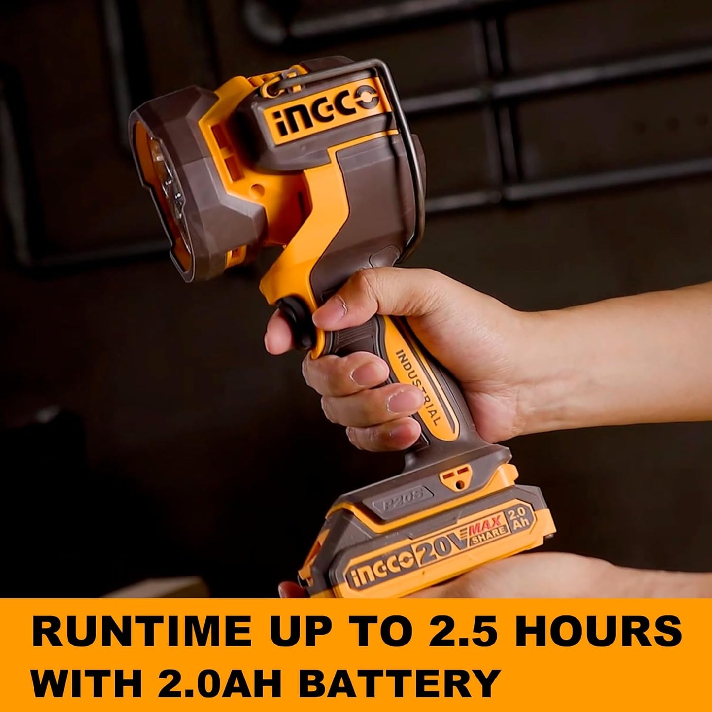 Ingco 20V Lithium-Ion Cordless Torch 2000 Lumens, 3 Mode Settings, Adjustable Head, Hands-Free Design Handheld Work Lamp with 1Pcs 2.0Ah Battery and Charger CWLI20881