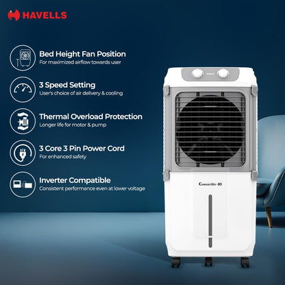 Havells 2-in-1 Convertible 80 L Desert Air Cooler for room| Dual functionality & easy storing| Can be used as side table| 5 Leaf Metal Blade Fan| Powerful Air-Delivery| Bacteria shield honeycomb pads