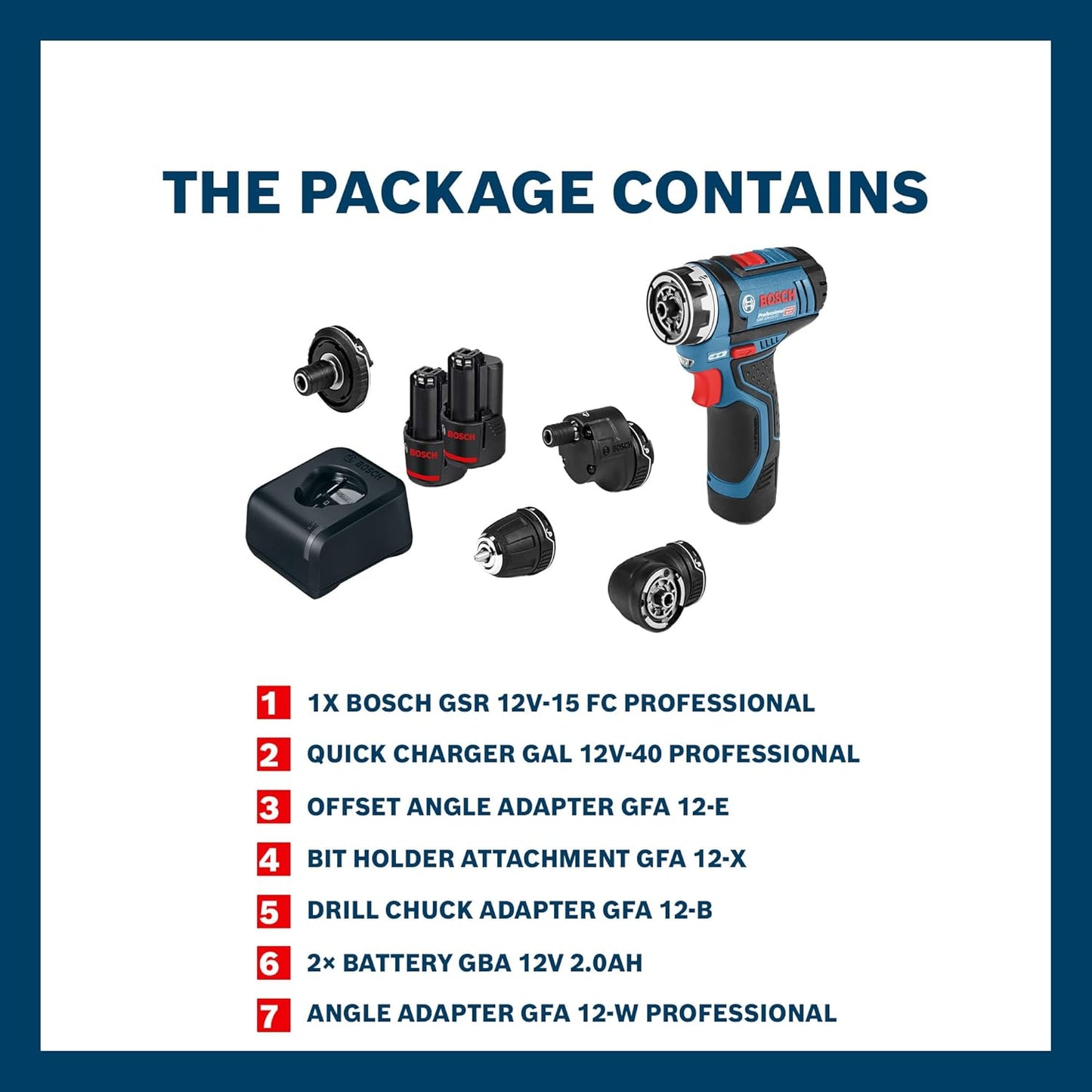 Bosch GSR 12V-15 FC Heavy Duty Cordless Drill, 19 mm, 1/4" Tool Holder, FlexiCLick System, 0.6 kg, + 2 x battery GBA 12V 2.0Ah, Quick charger GAL 12V-40 Professional & Accessories, 1 Year Warranty
