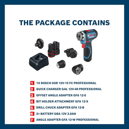 Bosch GSR 12V-15 FC Heavy Duty Cordless Drill, 19 mm, 1/4" Tool Holder, FlexiCLick System, 0.6 kg, + 2 x battery GBA 12V 2.0Ah, Quick charger GAL 12V-40 Professional & Accessories, 1 Year Warranty