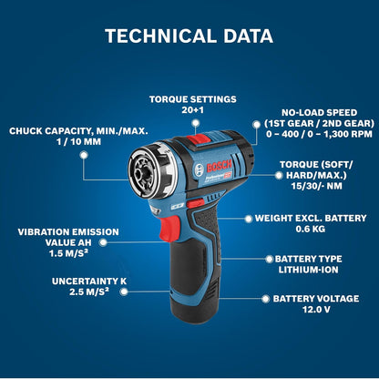 Bosch GSR 12V-15 FC Heavy Duty Cordless Drill, 19 mm, 1/4" Tool Holder, FlexiCLick System, 0.6 kg, + 2 x battery GBA 12V 2.0Ah, Quick charger GAL 12V-40 Professional & Accessories, 1 Year Warranty