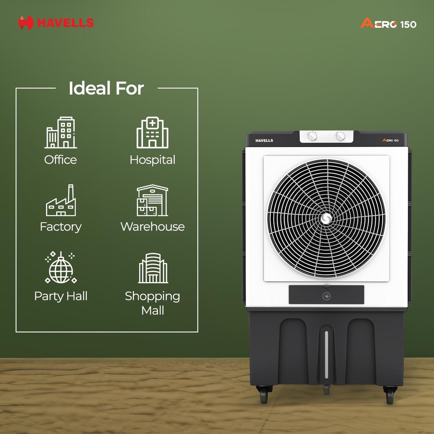 Havells Aero 150 L Premium Commercial Air Cooler| 22" Metal Blade Fan| Powerful Air-Delivery of 12000 m³/h| 3 Side Bacteria Shield Honeycomb Pads| Dust Filter Nets| XXL Ice chamber| Auto fill function
