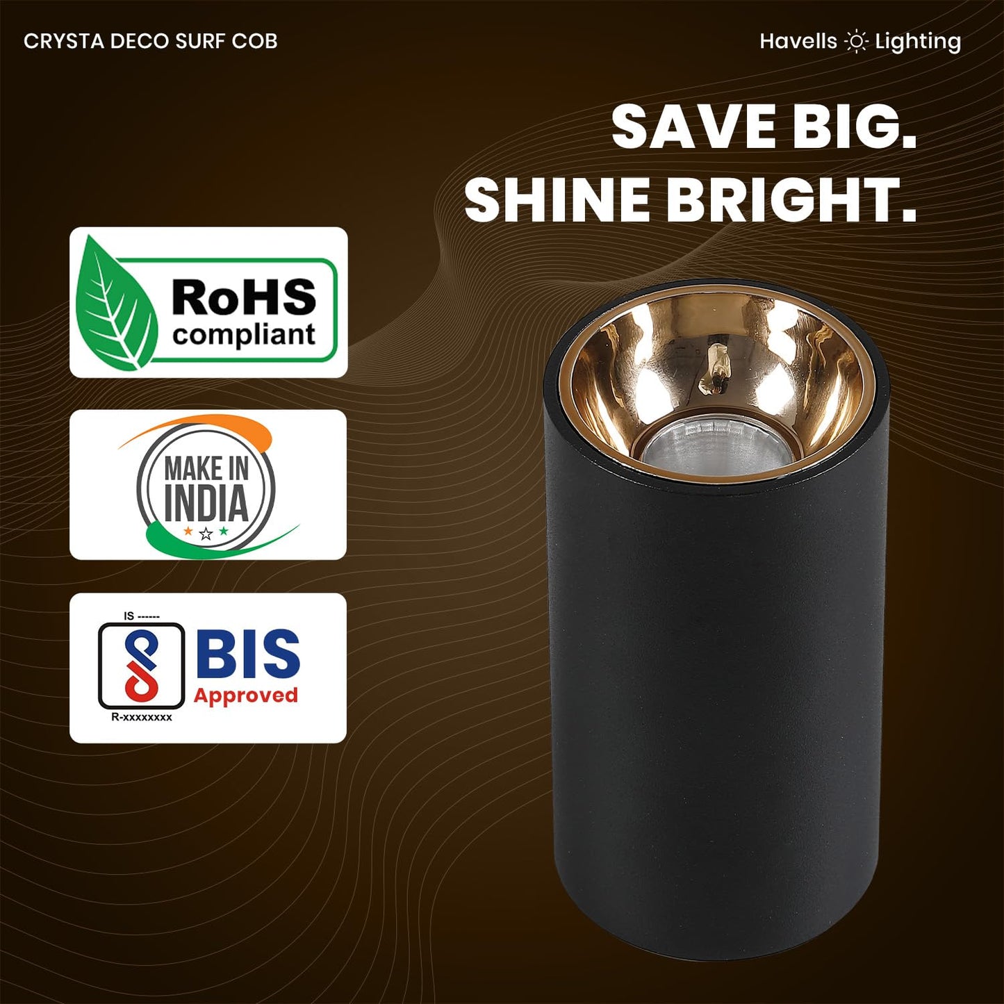 Havells Crysta Deco Surf Cob 18W 6K Gold B,Led-Spotlights,Energy Efficient,Long Life of 25000 Burning Hours,Beam Angle of 36°,Metal Body Cob with Integrated Driver,Cool Daylight (6500K)