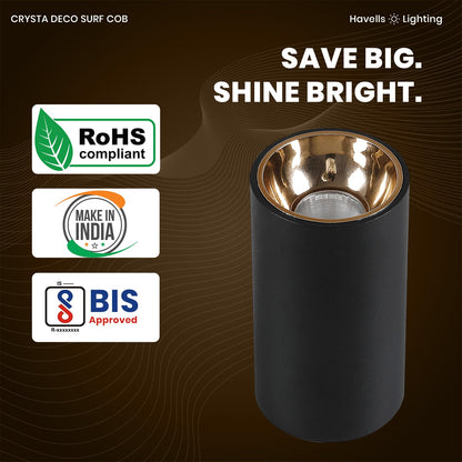 Havells Crysta Deco Surf Cob 18W 6K Gold B,Led-Spotlights,Energy Efficient,Long Life of 25000 Burning Hours,Beam Angle of 36°,Metal Body Cob with Integrated Driver,Cool Daylight (6500K)