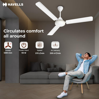 Havells Mozel XP 1200mm Ceiling Fan, Best in Class Base Fan with High Air Delivery, Energy Saving & 100% Pure Copper Motor | 2 Year Warranty | White