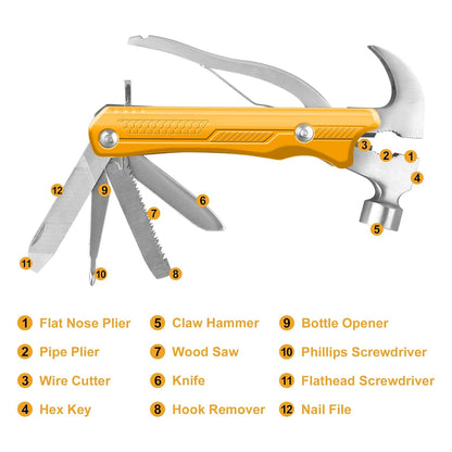 INGCO Multipurpose Tool Kit, 12 in 1 Multitool, Multi-Function Hammer, Survival Tools Small Hammer Multitool Hatchet Survival Gear, Gifts for Men, Women, Dad, Husband