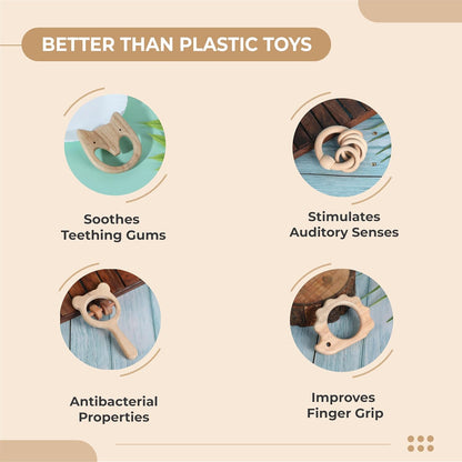 UdrCrafts® Babbles Neem Wood Teethers for Babies | Wooden Teethers for 6 to 12 Months Baby | Natural and Antibacterial (Cat+Hedgehog+Micky Head+Ring)