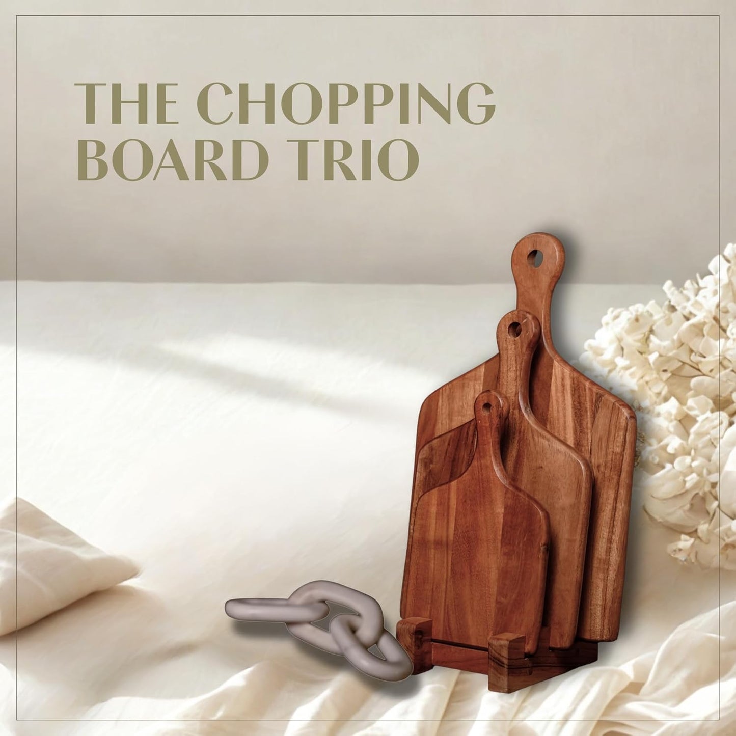 Udaipur Handicrafts Wooden Chopping Board Set of 3 with Stand – Acacia & Mango Wood Cutting Boards in Multiple Sizes – Durable, Stylish & Compact for Kitchen Prep, Serving & Storage