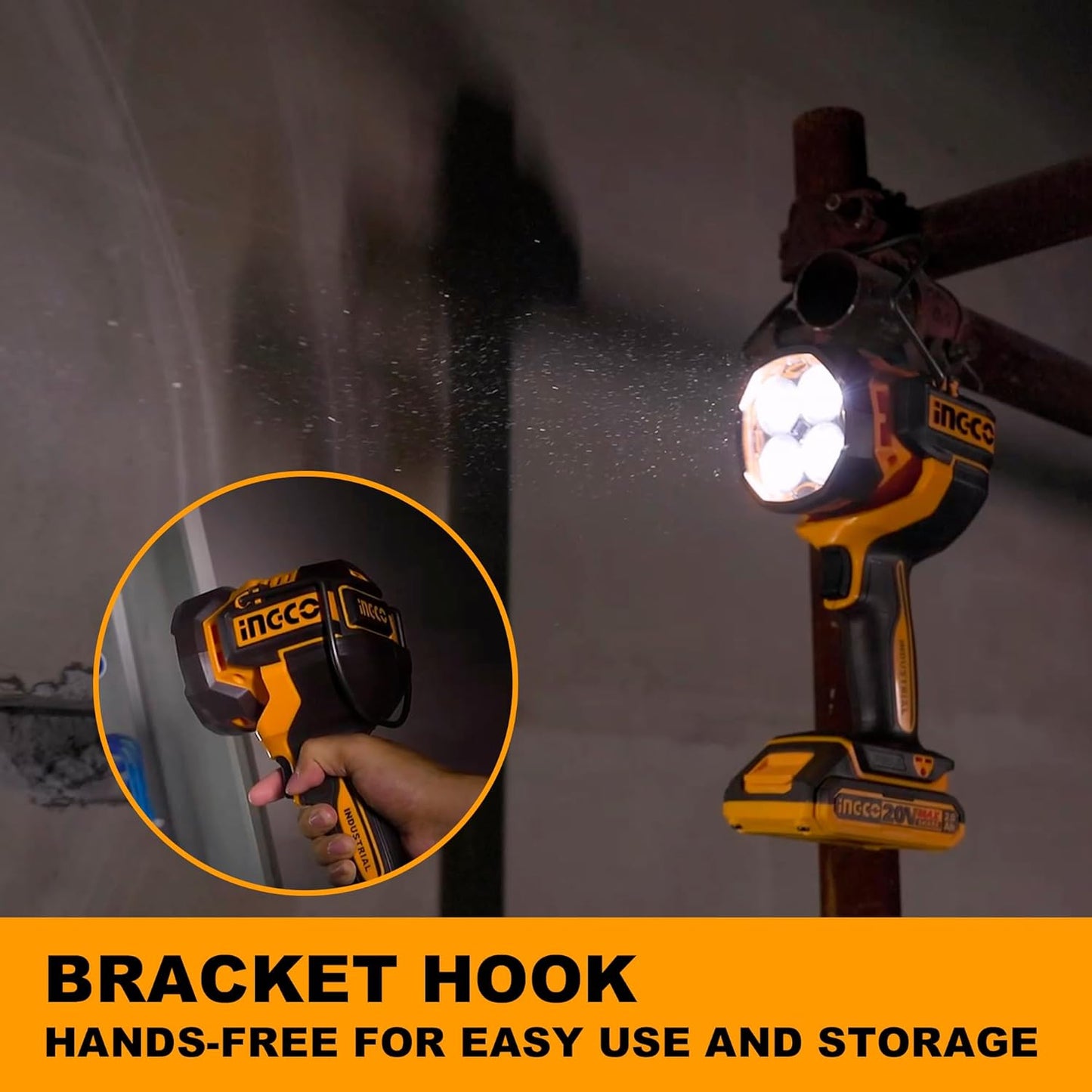 Ingco 20V Lithium-Ion Cordless Torch 2000 Lumens, 3 Mode Settings, Adjustable Head, Hands-Free Design Handheld Work Lamp with 1Pcs 2.0Ah Battery and Charger CWLI20881