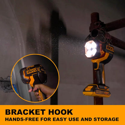 Ingco 20V Lithium-Ion Cordless Torch 2000 Lumens, 3 Mode Settings, Adjustable Head, Hands-Free Design Handheld Work Lamp with 1Pcs 2.0Ah Battery and Charger CWLI20881