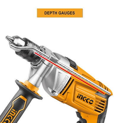 INGCO Impact Drill, 1100W,2800rpm,13mm Hammer Drill Machine, Aluminum Gear Box, Variable Speed Corded Drill Machine, Froward/Reverse Switch Electric Drill with Depth Gauge for Home Construction Concrete