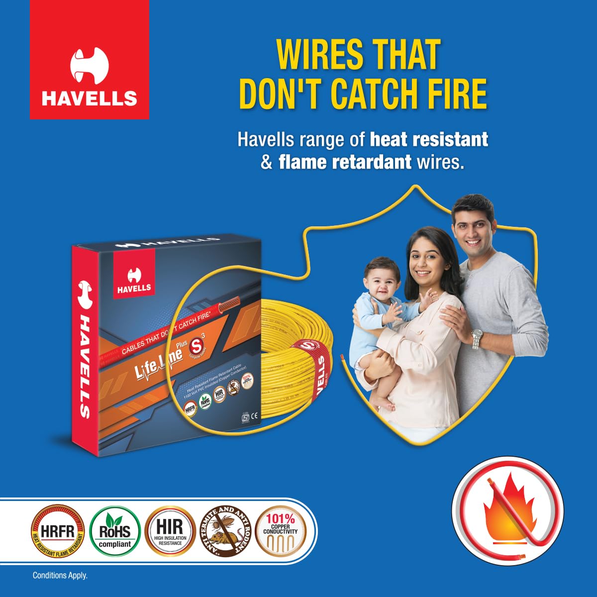Havells LifeLine+ S3 | 1 sq.mm Copper Wire (180m-Blue)| Class 2 Conductor (100% Copper), Heat Resistant & Flame Retardant - Ideal for Domestic & Industrial Use (WHFFDNBL11X07)