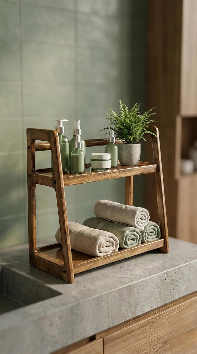 Udaipur Handicrafts Wood 2-Tier Kitchen Rack Organizer Shelf | Handcrafted Wooden Spice Rack Countertop Pantry Shelf Stand | Multipurpose Kitchen Counter Organizer (45x20x40 cm)