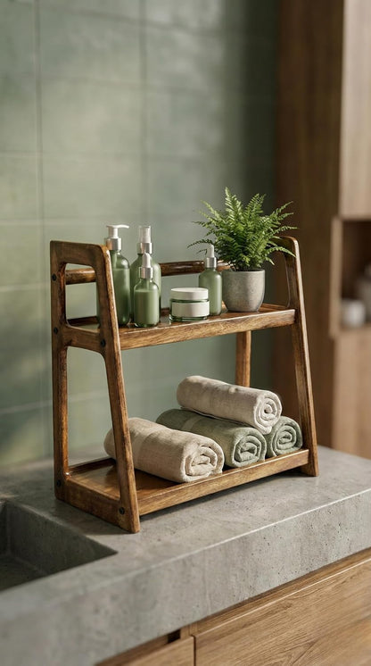 Udaipur Handicrafts Wood 2-Tier Kitchen Rack Organizer Shelf | Handcrafted Wooden Spice Rack Countertop Pantry Shelf Stand | Multipurpose Kitchen Counter Organizer (45x20x40 cm)