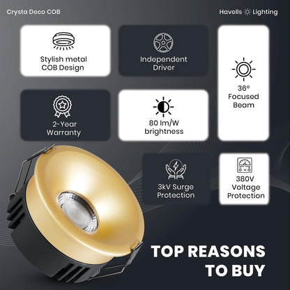 Havells Crysta Deco Cob 7W 6K Sand Gold,Led-Spotlights,Energy Efficient,Long Life of 25000 Burning Hours,Beam Angle of 36°,Metal Body Cob with Independent Driver,Cool Daylight (6500K)
