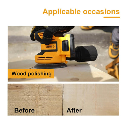 INGCO Cordless Random Orbital Sander, 10000 rpm, Bottom size: 125mm, With 1pcs 2.0Ah Battery and Charger, With 5 PCS sand paper