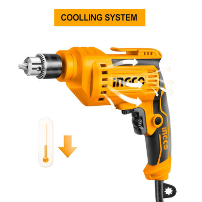 INGCO Electric Drill, 500W and 3300RMP Power Drill, Corded Electric Drill, 1.0-10 millimeters Chuck Capacity Power Drill, Variable Speed, Froward/Reverse Switch, Yellow