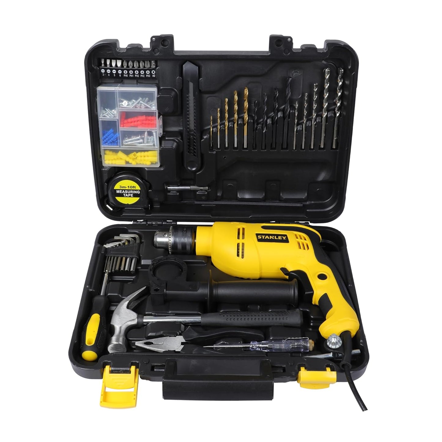 STANLEY SDH550KPA-IN 550W 13mm CORDED HAMMER DRILL MACHINE & HAND TOOL KIT for Home, DIY & Professional Use (120-PIECES) - INCLUDES Hammer Drill,Plier,Hammer,Measuring Tape & Drill Bits,1YearWarranty