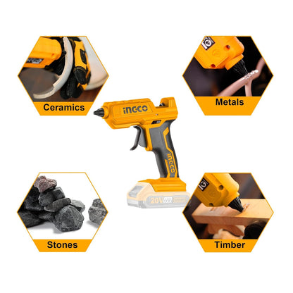 INGCO 20V Cordless Glue Gun, Battery & Charger not Included, 15-18g/min | 11.2mm Glue stick diameter | 60s Heat-up time Mini Hot Glue Gun With 3 pcs Glue Sticks for Crafts DIY Arts Home Quick Repairs