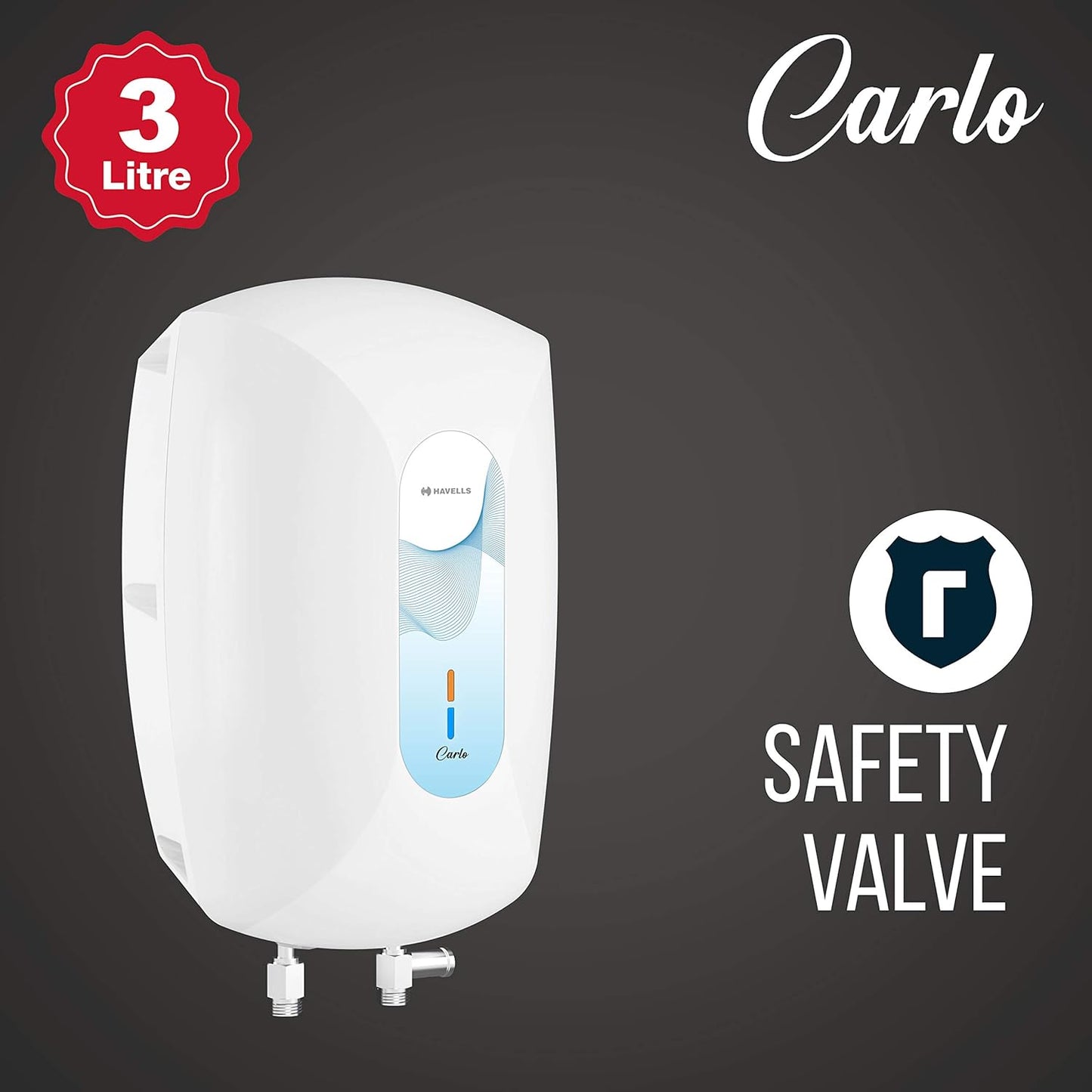 Havells Carlo 3 Litre Instant Water Heater (White Blue), Vertical Mounting
