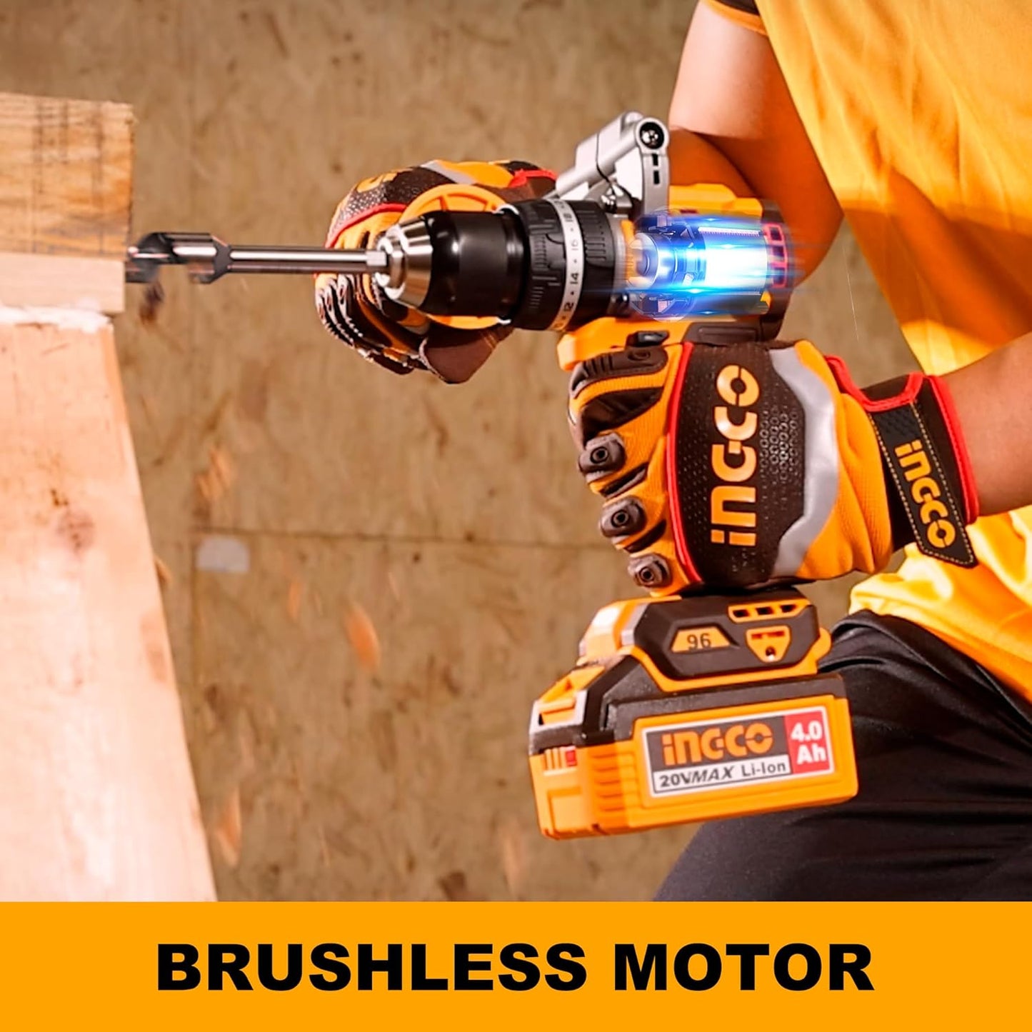 INGCO 20V Cordless Brushless Impact Drill 96NM, Variable Speed 500/2000RPM, 13mm Chuck, 22+1+1 Torque, Auxiliary Handle, with 2Pcs 4.0Ah Battery and 1Pcs Charger, Packed by Carrying Case CIDLI209686