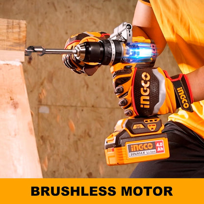 INGCO 20V Cordless Brushless Impact Drill 96NM, Variable Speed 500/2000RPM, 13mm Chuck, 22+1+1 Torque, Auxiliary Handle, with 2Pcs 4.0Ah Battery and 1Pcs Charger, Packed by Carrying Case CIDLI209686